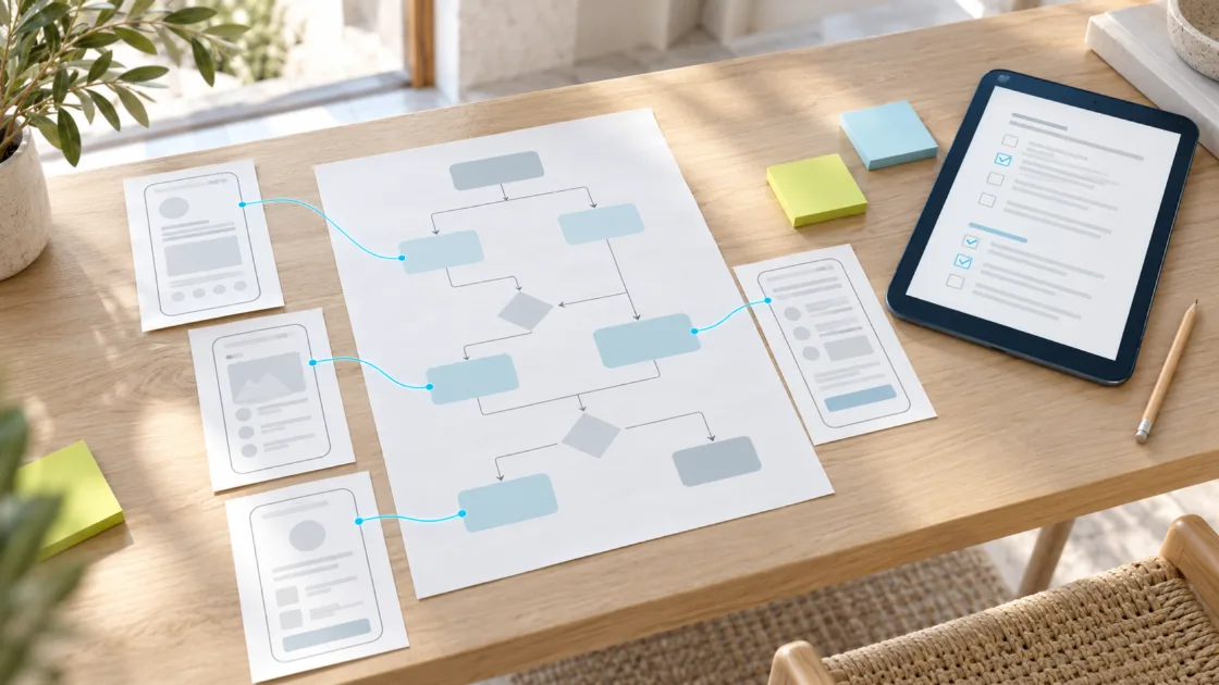 Mesa de trabajo con un mapa de procesos, pantallas de una aplicación en boceto y notas de requisitos