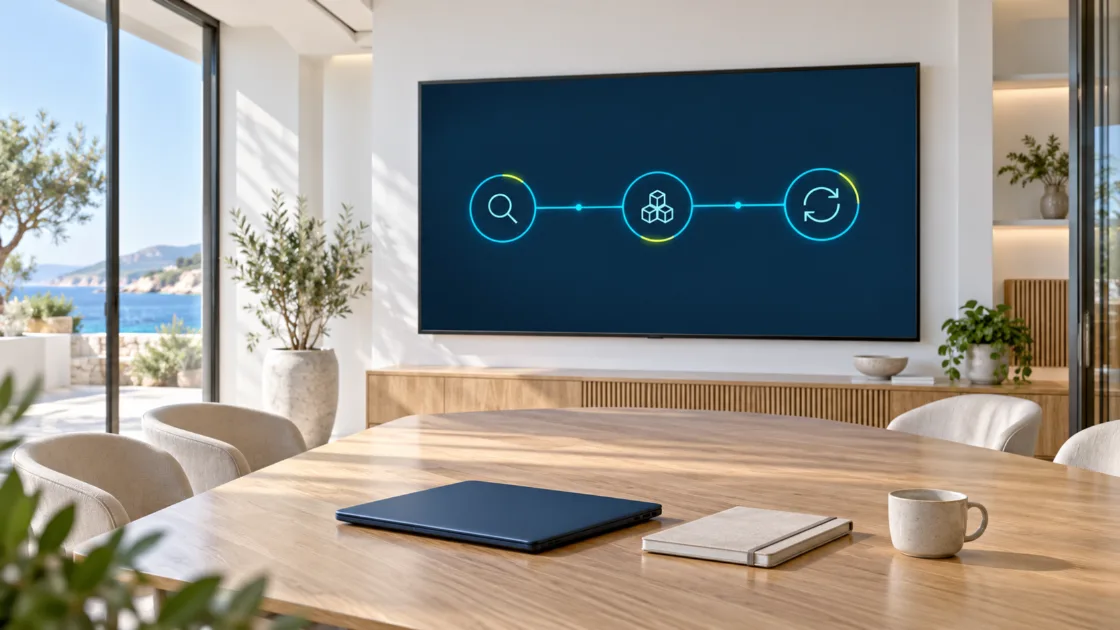 A phased project roadmap on a screen in a bright meeting room