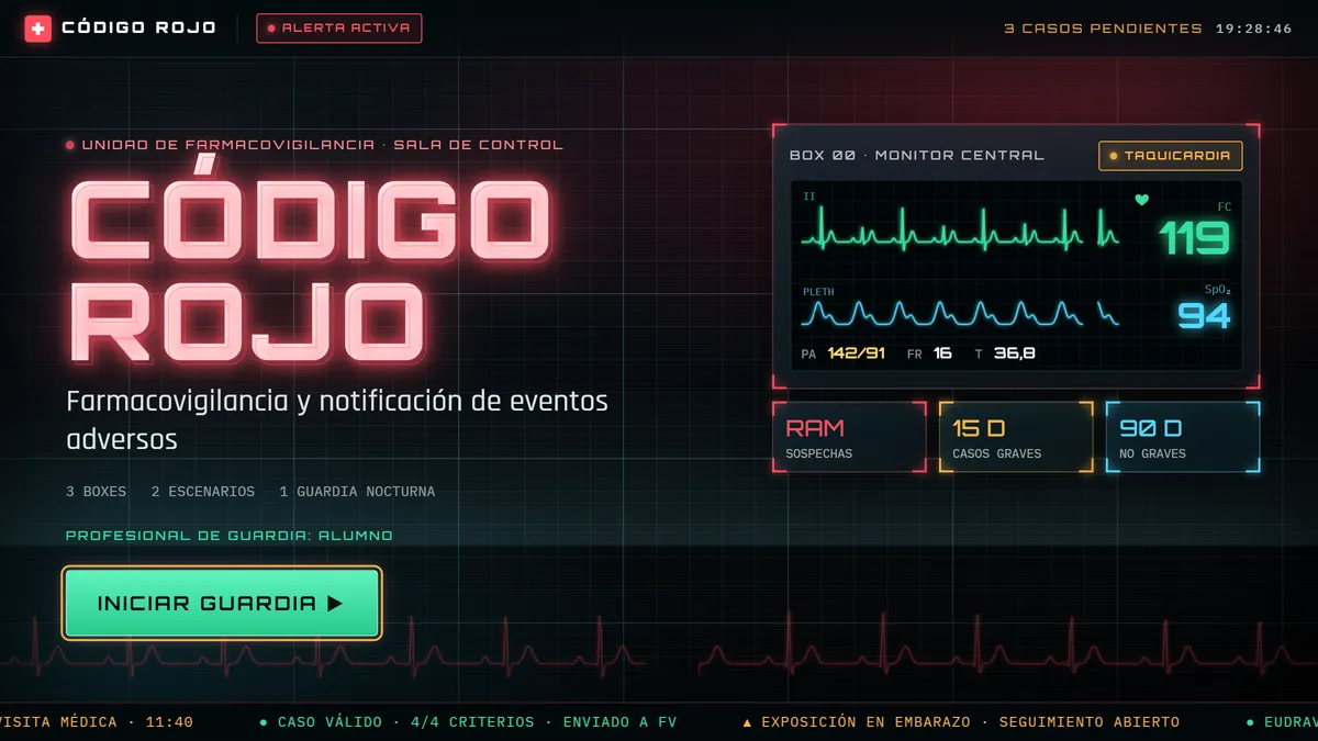 Código Rojo: Farmacovigilancia en una sala de control hospitalaria, con casos clínicos que hay que atender.