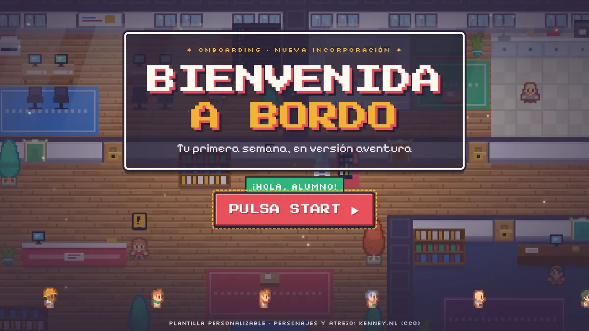Bienvenida a bordo: La acogida de un nuevo empleado como una aventura por la oficina. Plantilla adaptable.