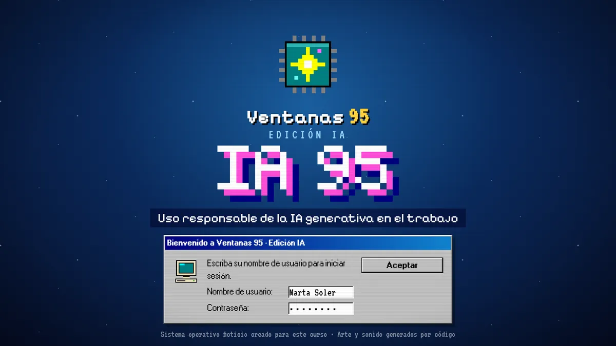 IA 95: Uso responsable de la IA generativa en un escritorio de Windows 95, con simulador de prompts.