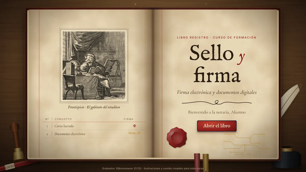 Sello y firma: Firma electrónica, de eIDAS a la Ley 6/2020, en un libro registro con lacre y grabados.