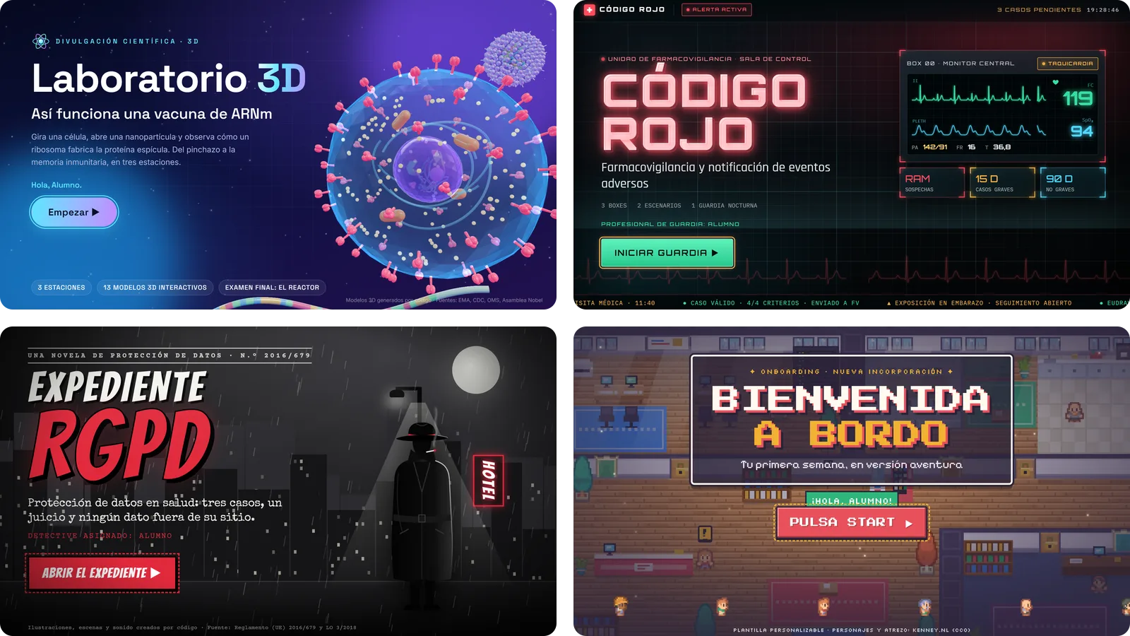 Portadas de cuatro cursos de demostración: Laboratorio 3D, Código Rojo, Expediente RGPD y Bienvenida a bordo