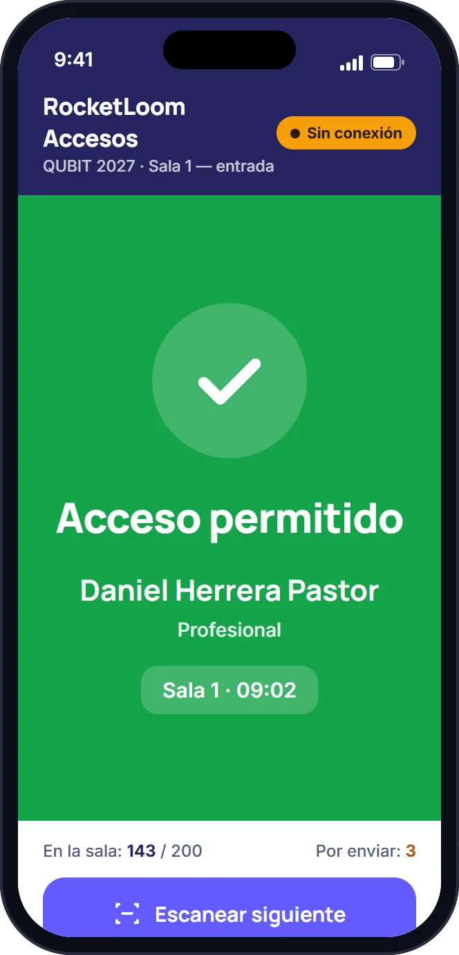 App de accesos de RocketLoom validando una acreditación sin conexión: acceso permitido, sala 1