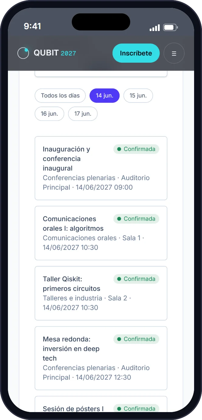 App del congreso de demostración QUBIT 2027 con el programa por días y salas