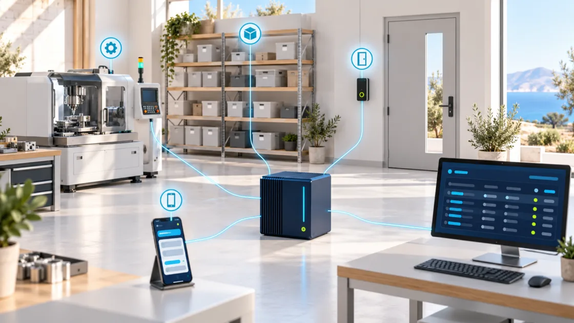 Planta industrial con equipos, un ERP en pantalla y un móvil conectados