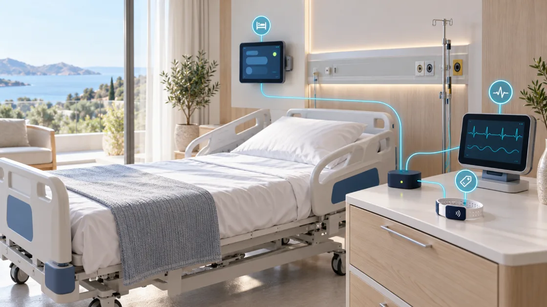 Habitación de hospital conectada con una tablet, una pulsera del paciente y un monitor enlazados