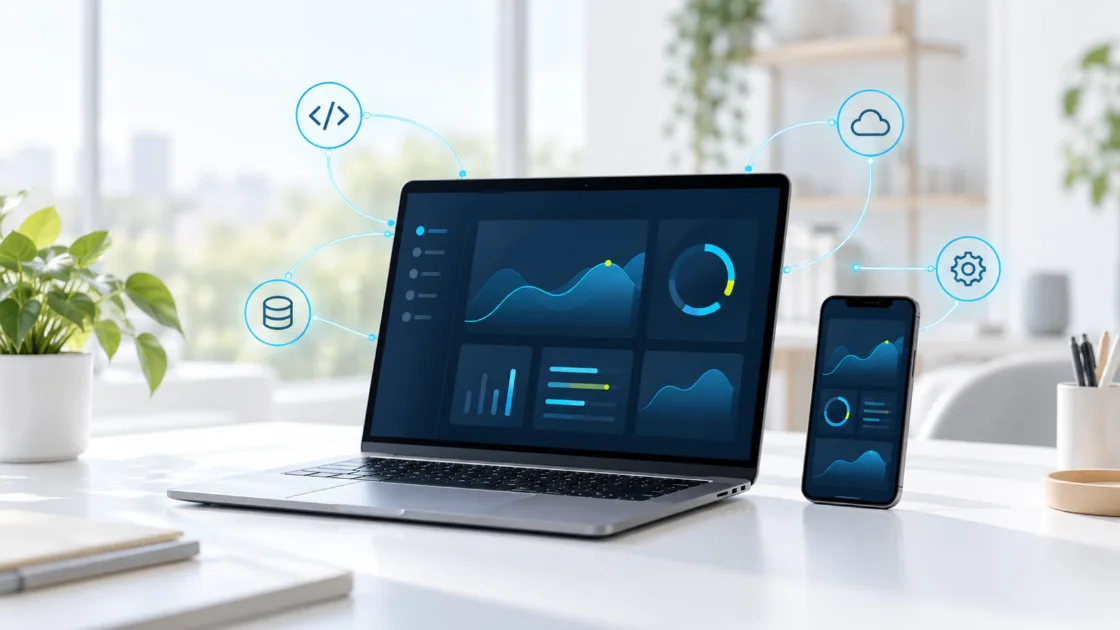 Equipo de desarrollo trabajando en una aplicación web y una app móvil conectadas