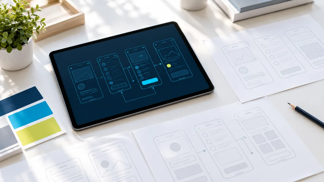 Mesa de diseño con prototipos de pantallas de una aplicación web y móvil
