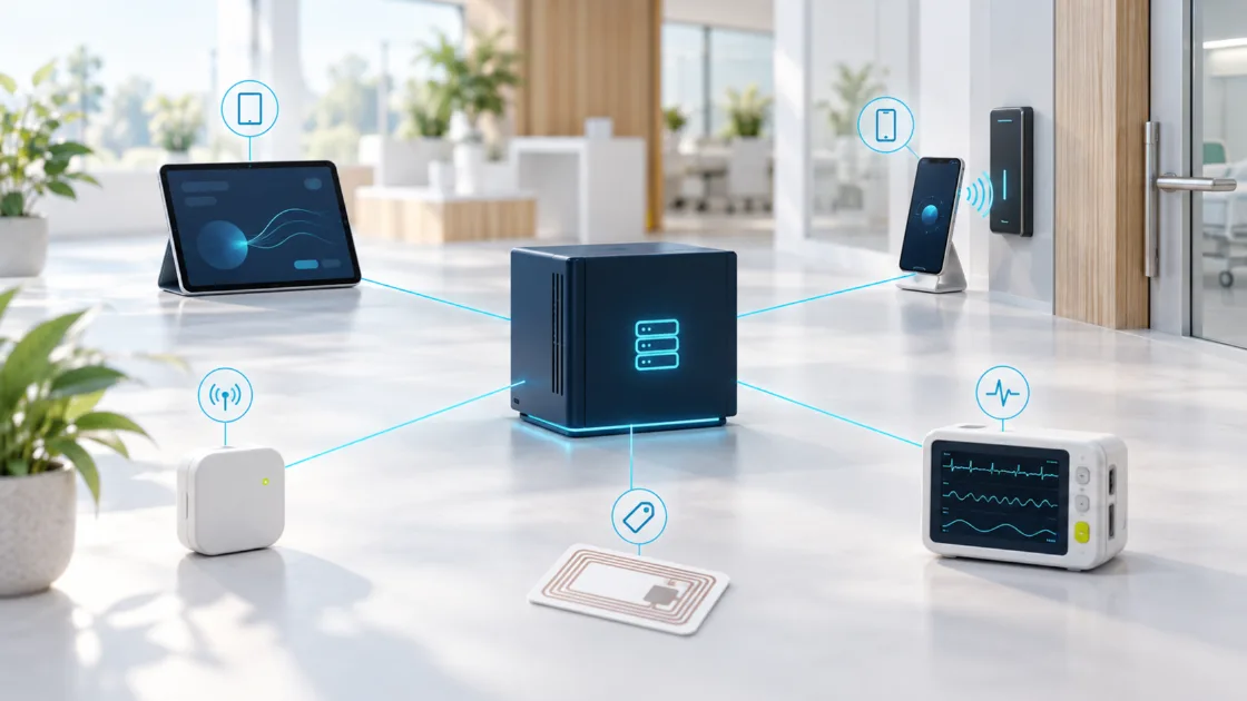 Sistemas de una empresa conectados entre sí: ERP, aplicaciones, sensores y dispositivos de acceso