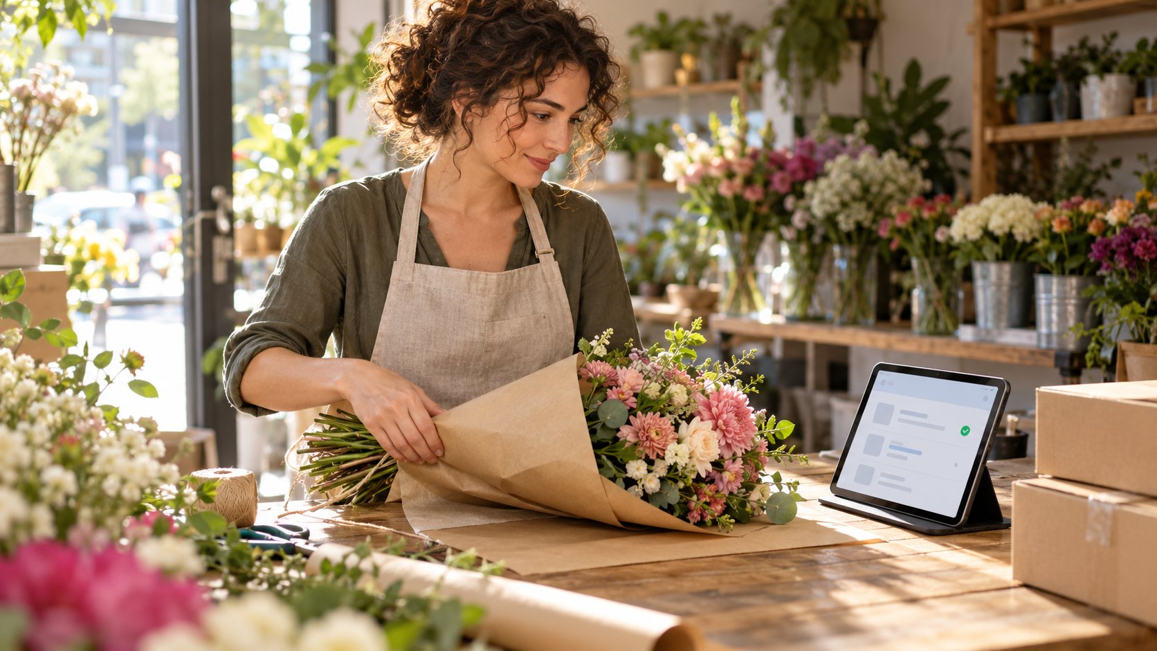 Dueña de una floristería preparando los pedidos de su tienda online